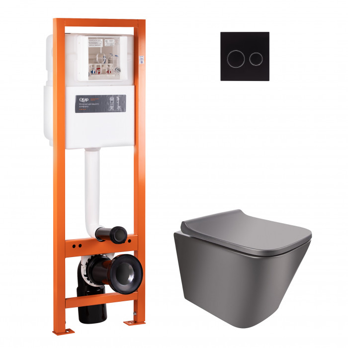 Набор Qtap инсталляция 4 в 1 с круглой панелью смыва Nest (QT0233M370 + QT0211P01V1178MB) + унитаз с сиденьем Tern QT1433053ERMB