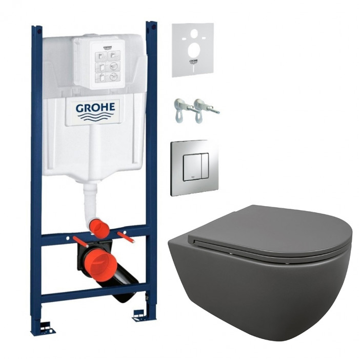 Унитаз Isvea Infinity без ободка, подвесной anthracite + инстал. Grohe Rapid SL (10NF02002C-Ant+ 40KF0522I-S+38840000K)