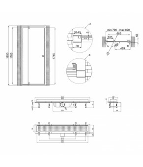 Набор Qtap дверь в нишу Pisces WHI208-9.CP5 79-92х185 см, стекло Pattern 5 мм + трап линейный Qtap Dry FB304-600 с сухим затвором и нержавеющей решеткой 600х73 мм QTDRYFB304600PISWHI2089CP5