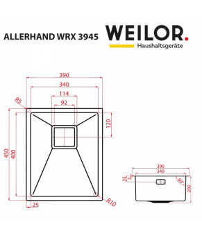 Мойка кухонная нержавеющая сталь WEILOR ALLERHAND WRX 3945