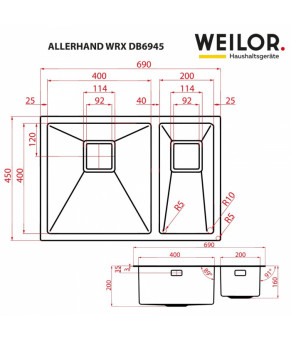 Мойка кухонная нержавеющая сталь WEILOR ALLERHAND WRX DB6945