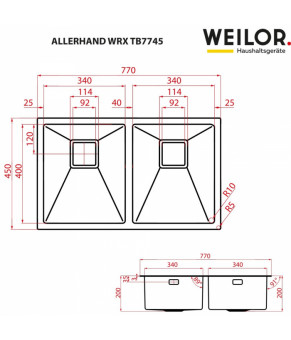 Мойка кухонная нержавеющая сталь WEILOR ALLERHAND WRX TB7745