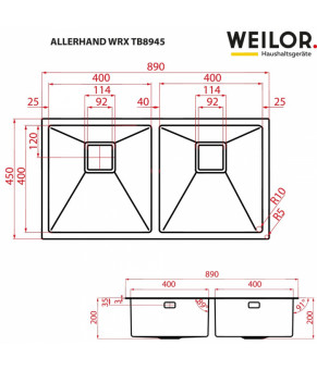 Мойка кухонная нержавеющая сталь WEILOR ALLERHAND WRX TB8945