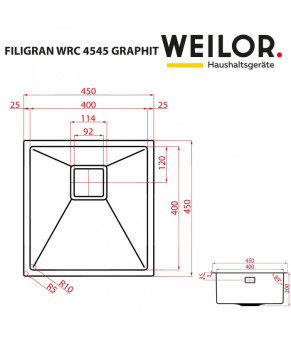 Мойка кухонная нержавеющая сталь WEILOR FILIGRAN WRC 4545 GRAPHIT