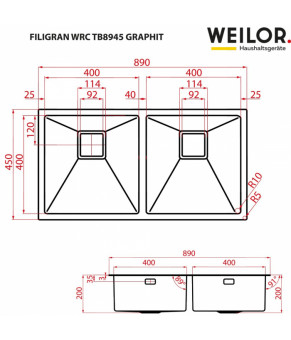 Мойка кухонная нержавеющая сталь WEILOR FILIGRAN WRC TB8945 GRAPHIT