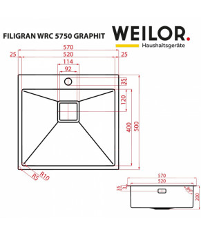 Мойка кухонная нержавеющая сталь WEILOR FILIGRAN WRC 5750 GRAPHIT