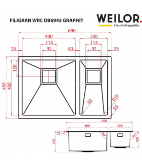 Мойка кухонная нержавеющая сталь WEILOR FILIGRAN WRC DB6945 GRAPHIT