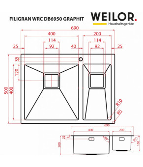 Мойка кухонная нержавеющая сталь WEILOR FILIGRAN WRC DB6950 GRAPHIT