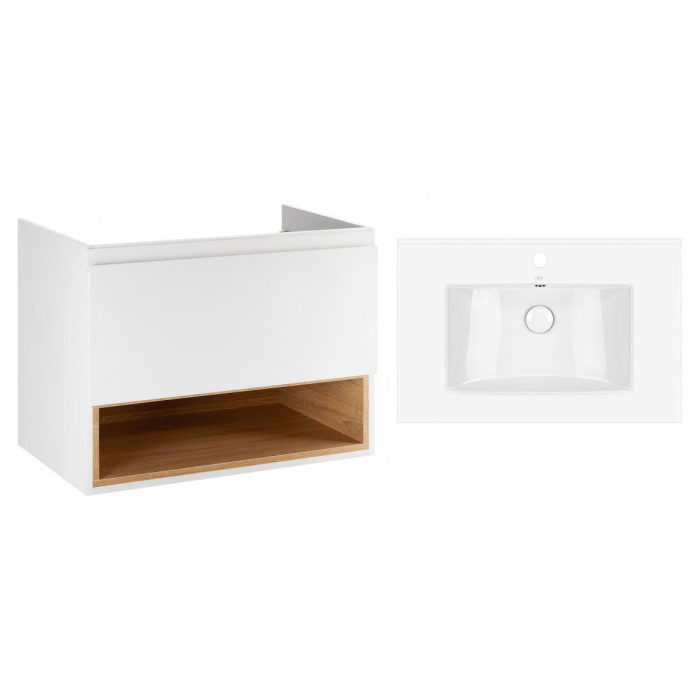 Комплект Qtap тумба подвесная Robin 700х580х437 мм White/Whitish oak + раковина врезная Albatross QT71RO43996