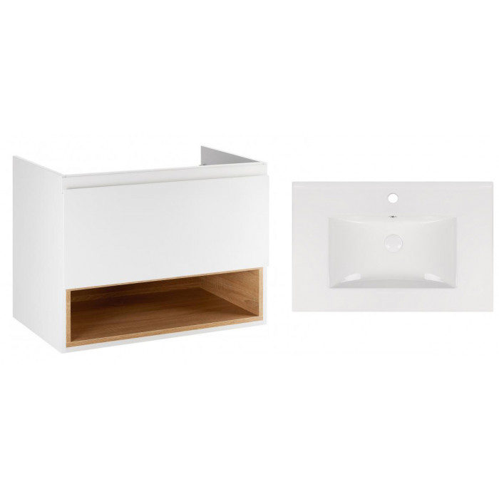 Комплект Qtap тумба подвесная Robin 700х580х437 мм White/Whitish oak + раковина врезная Albatross New QT71RO44006