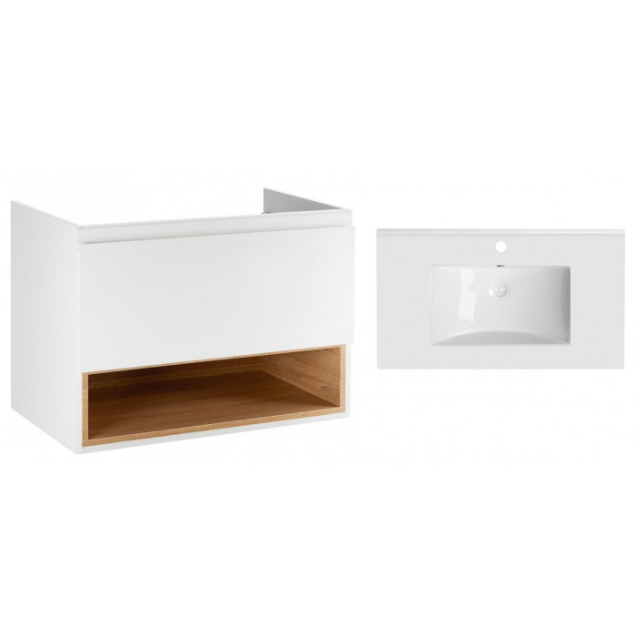 Комплект Qtap тумба подвесная Robin 800х580х437 мм White/Whitish oak + раковина врезная Albatross QT71RO44035