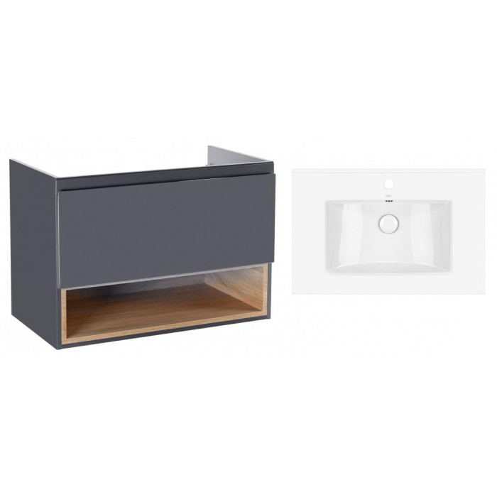 Комплект Qtap тумба подвесная Robin 700х580х437 мм Graphite/Whitish oak + раковина врезная Albatross QT71RO44048