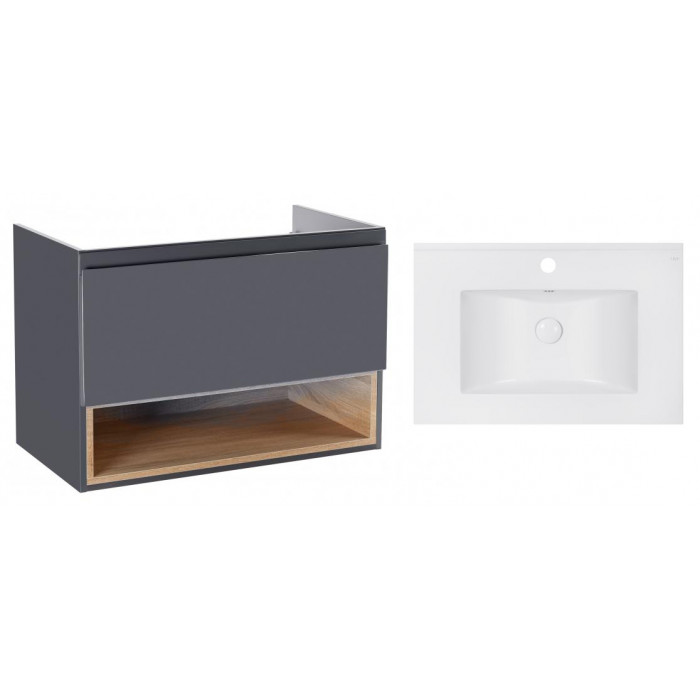 Комплект Qtap тумба подвесная Robin 700х580х437 мм Graphite/Whitish oak + раковина врезная Albatross E QT71RO44049