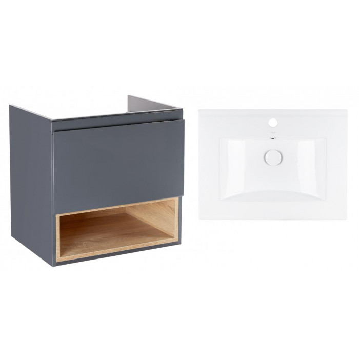 Комплект Qtap тумба подвесная Robin 600х580х437 мм Graphite/Whitish oak + раковина врезная Albatross QT71RO44041