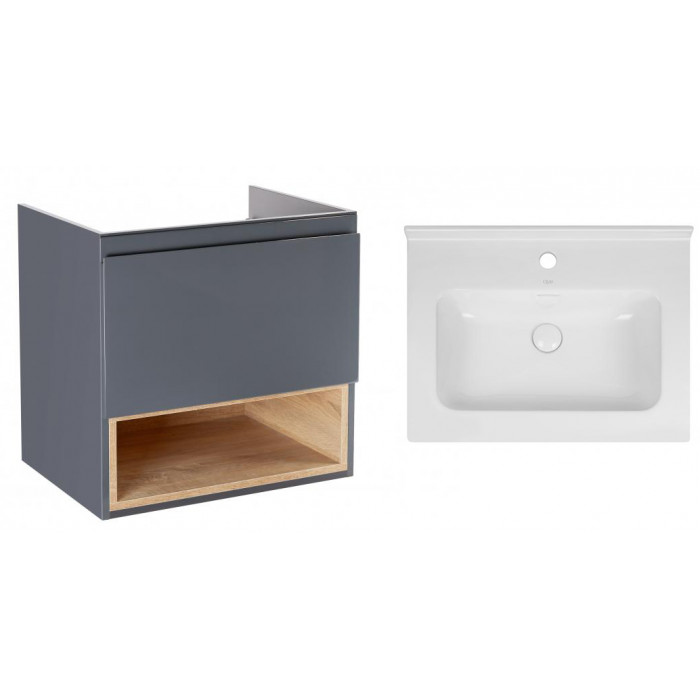 Комплект Qtap тумба подвесная Robin 600х580х437 мм Graphite/Whitish oak + раковина врезная Albatross 01 QT71RO44042