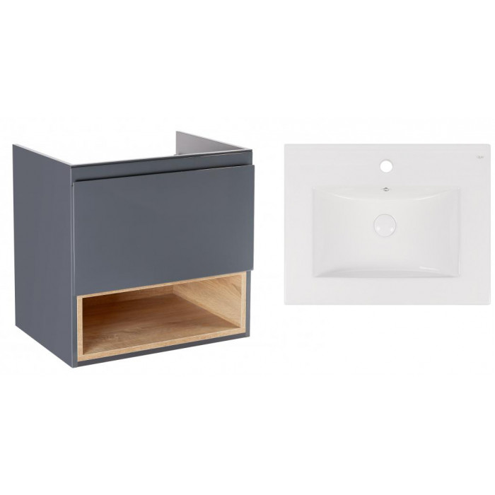 Комплект Qtap тумба подвесная Robin 600х580х437 мм Graphite/Whitish oak + раковина врезная Albatross New QT71RO44045