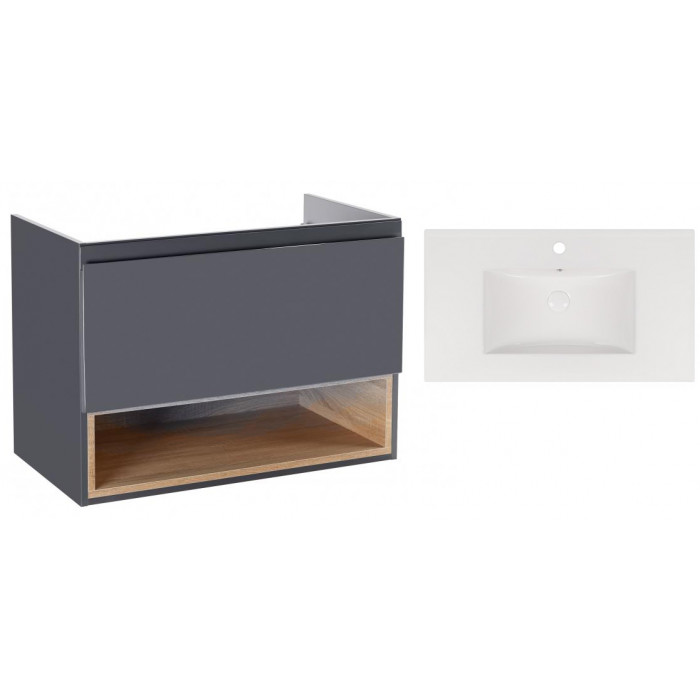Комплект Qtap тумба подвесная Robin 800х580х437 мм Graphite/Whitish oak + раковина врезная Albatross New QT71RO44055