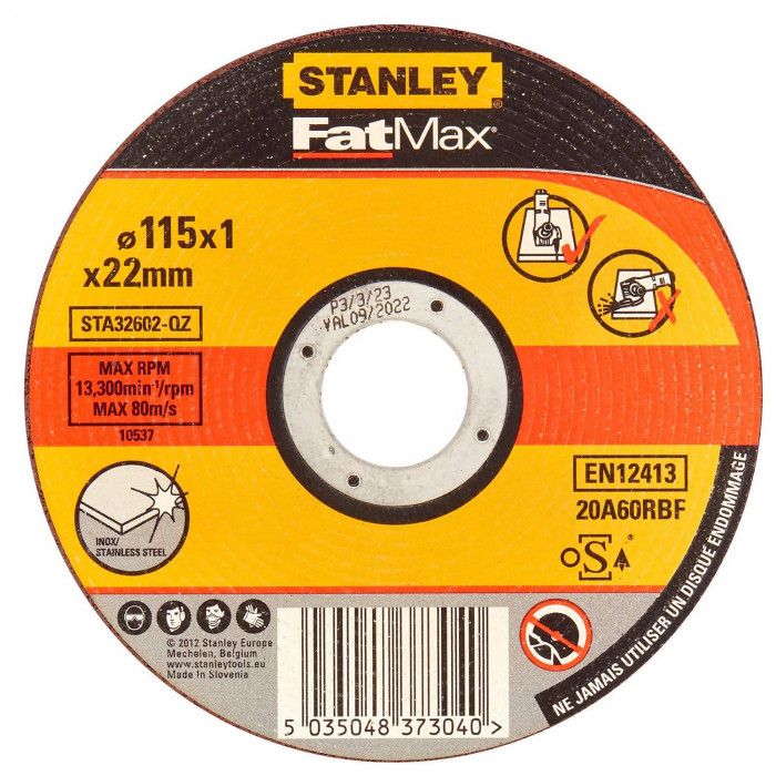 Диск відрізний по металу та нержавіючій сталі Stanley 115х22 мм H=1 мм STA32602-QZ