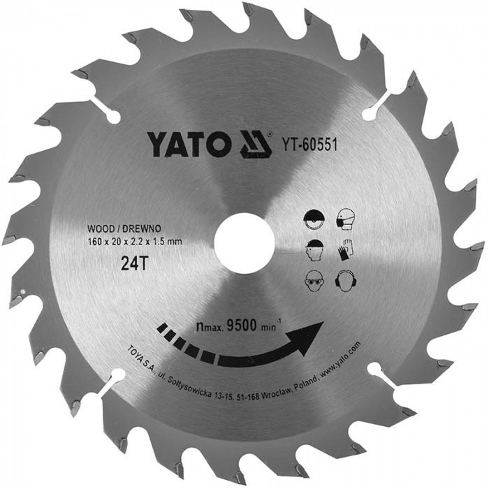 Диск пильний по дереву Yato 160х20х2.2х1.5 мм 24 зубця R.P.M до 9500 1/хв YT-60551