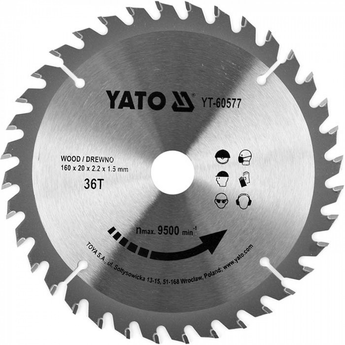Диск пильний по дереву Yato 160х20х2.2х1.5 мм 36 зубців R.P.M до 9500 1/хв YT-60577