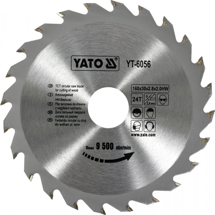 Диск пильний по дереву Yato 160х30х2.8х2 мм 24 зубця R.P.M до 9500 1/хв YT-6056