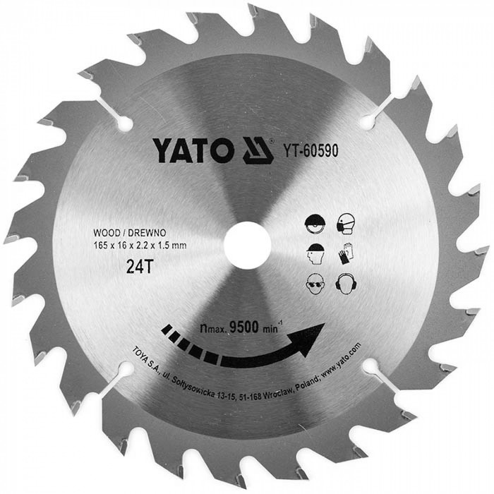 Диск пильний по дереву Yato 165х16х2.2х1.5 мм 24 зубця R.P.M до 9500 1/хв YT-60590