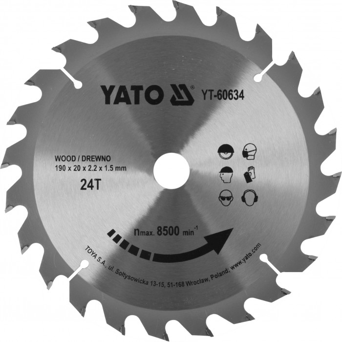 Диск пильний по дереву Yato 190х20х2.2х1.5 мм 24 зубця R.P.M до 7100 1/хв YT-60634