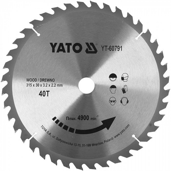 Диск пильний по дереву Yato 315х30х3.2х2.2 мм 40 зубців R.P.M до 4900 1/хв YT-60791