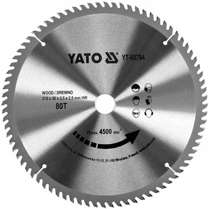 Диск пильний по дереву Yato 315х30х3.5х2.5 мм 80 зубців R.P.M до 4500 1/хв YT-60794