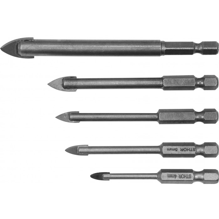 Набор сверл по стеклу и керамике Sthor 4-10 мм HEX-1/4" YG6X 5 шт 21709