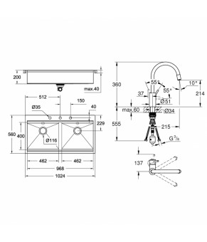 Набор Grohe мойка кухонная K800 31585SD0 + смеситель Concetto 32663DC3