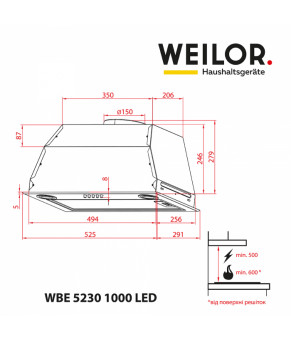 Вытяжка полновстраиваемая WEILOR WBE 5230 WH 1000 LED