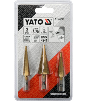 Сверла по металлу конусные титановые Yato HEX-1/4" HSS 4241 3-12 мм, 4-12 мм, 4-20 мм 3 шт YT-44731