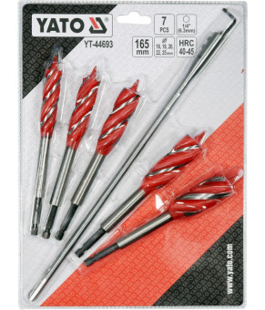 Набор сверл по дереву Yato 16-25 мм 165 мм HEX-1/4" с 4 режущими кромками + удлинитель + ключ 7 шт YT-44693