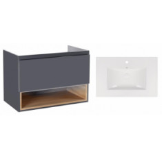 Комплект Qtap тумба подвесная Robin 700х580х437 мм Graphite/Whitish oak + раковина врезная Albatross New QT71RO44050
