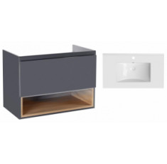 Комплект Qtap тумба подвесная Robin 800х580х437 мм Graphite/Whitish oak + раковина врезная Albatross QT71RO44051