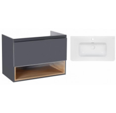 Комплект Qtap тумба подвесная Robin 800х580х437 мм Graphite/Whitish oak + раковина врезная Albatross 9H QT71RO44053
