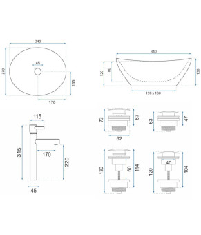 Комплект умывальник Rea Sofia + смеситель Tess + донный клапан (REA-U0623+REA-B8800+REA-A5217)