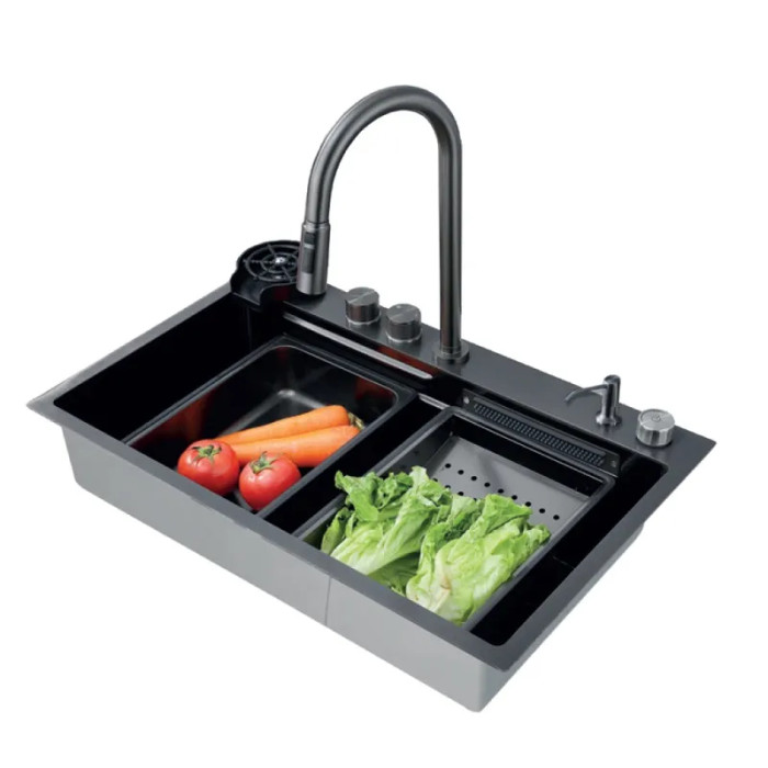 Багатофункціональна кухонна мийка Zerix ZH7546-SET-01 NANO-BLACK з вбудованим змішувачем (ZM5575)