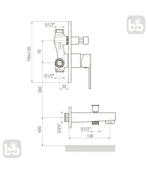 Змішувач для ванни прихованого монтажу з виливом Volle SOTA cromo 1538.100301