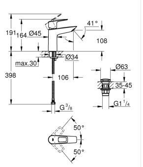 Одноважільний змішувач для раковини M-Size Grohe BauLoop New з нажимним донним клапаном (23886001)