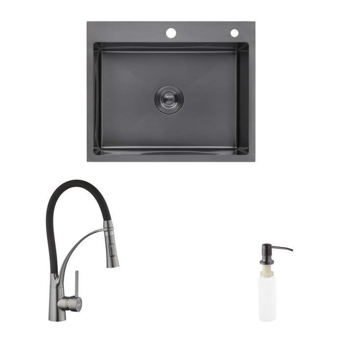 Комплект кухонна мийка Kroner Schwarze-6050HM PVD + змішувач Ersel-GRP03393BLK + дозатор Spender-026