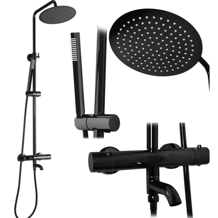 Душовий гарнітур REA LUNGO BLACK GLOSSY з термостатом та виливом (REA-P8763)