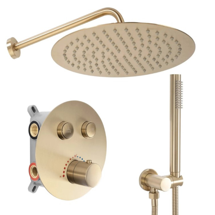 Душова система REA LUNGO BRUSHED GOLD з термостатом + BOX прихованого монтажу (REA-P8551)