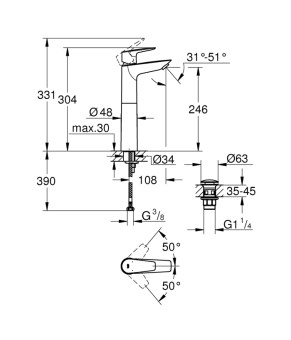Змішувач для раковини Grohe QuickFix StartEdge XL-Size 23777001 з донним клапаном