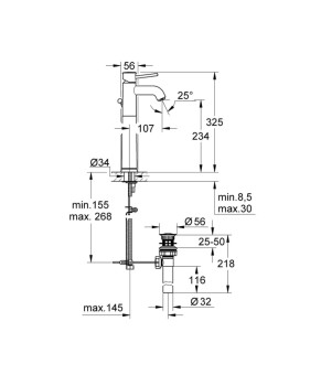 Змішувач для раковини Grohe BauClassic XL-Size 32868000 з донним клапаном