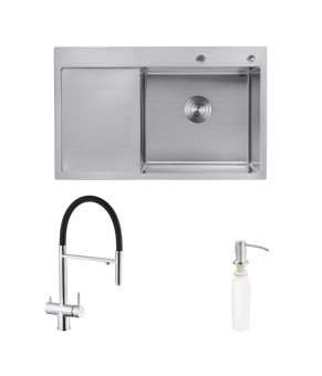 Комплект кухонна мийка Kroner Gebürstet-7849RHM + змішувач Edelstahl Klassisch-ESG03815BLK+ дозатор Spender-016 (CVS30106)