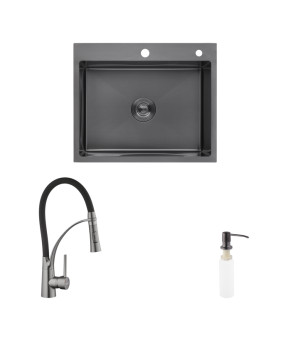 Комплект кухонна мийка Kroner Schwarze-6050HM PVD + змішувач Ersel-GRP03393BLK + дозатор Spender-026