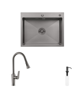 Комплект кухонна мийка Kroner Schwarze-6350HM PVD + змішувач Makon-GRP030-T + дозатор Spender-SCH049