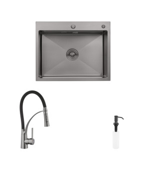 Комплект кухонна мийка Kroner Schwarze-6350HM PVD + змішувач Ersel-GRP03393BLK + дозатор Spender-SCH049